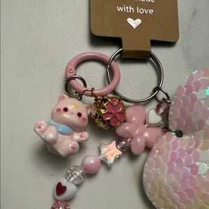 Heart Keychain with cute pink cat and white accents